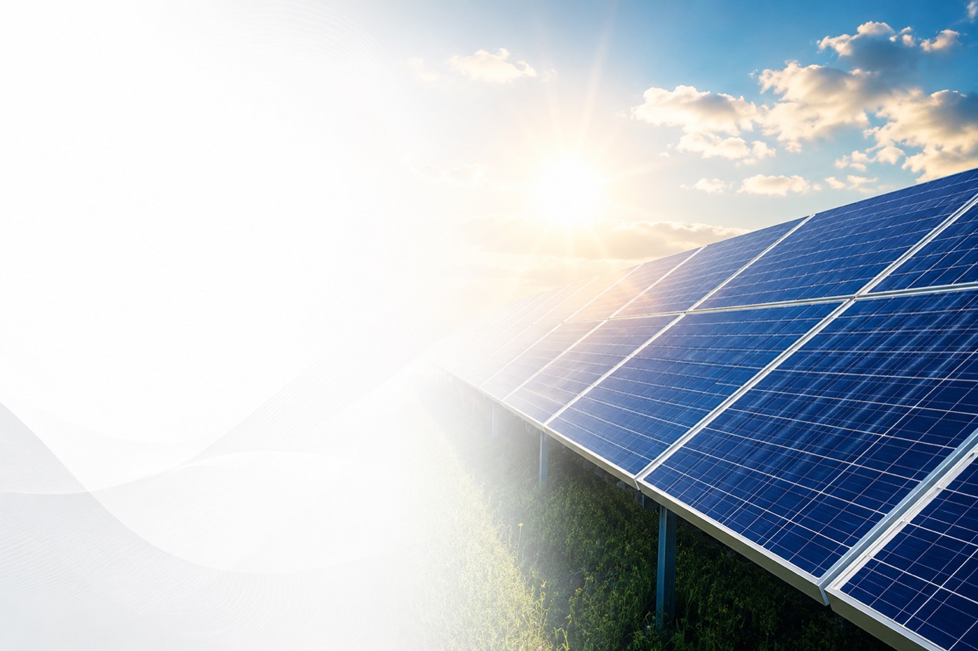 Solar panels generating power at sunrise
